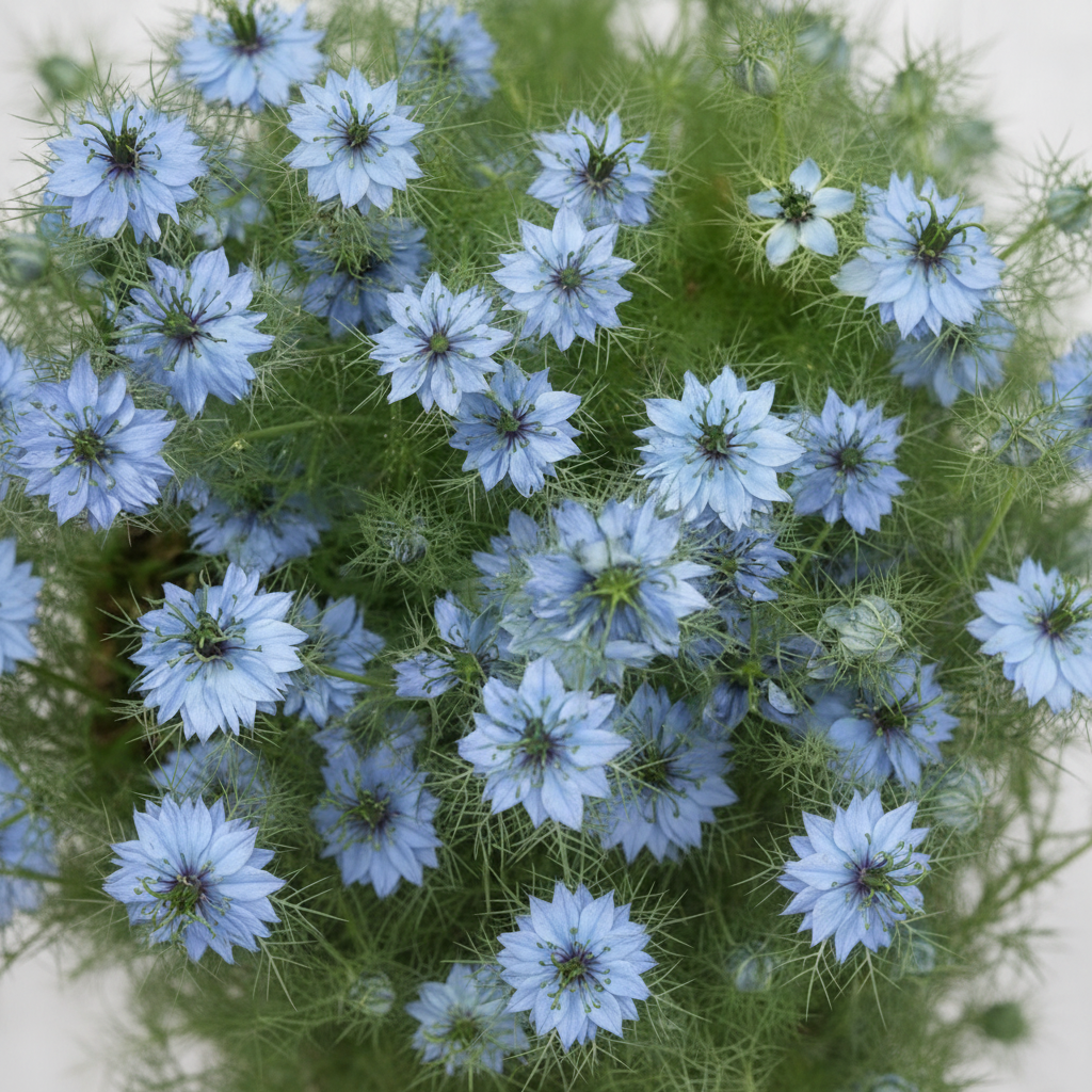 Light blue Nigella filler flowers with feathery foliage